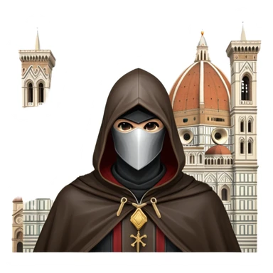 icon featuring Assasin's Creed in an iconic assassin's hood, standing tall against the backdrop of Florence. The design captures the essence of adventure, with intricate details of historical architecture and a sense of mystery. The character is poised, ready for action. transparent background. sticker