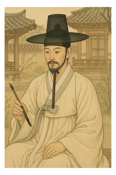 Joseon Dynasty scholar wearing a gat hat, holding a brush, Korean traditional atmosphere, neat hanbok attire sticker