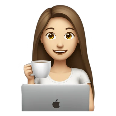 smiling woman with middle brown straight long hair and pale skin behind a laptop enjoying sipping coffee from a mug sticker