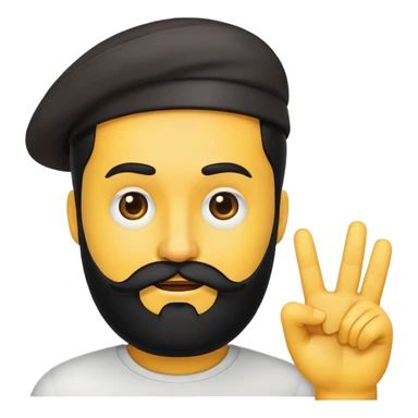 rounded yellow emoji face, black beard, side-facing mouth, one eyebrow raised, hand making a 'no' gesture sticker