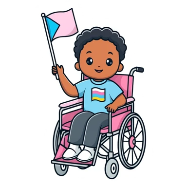 Disabled black kid holding the trans flag sticker