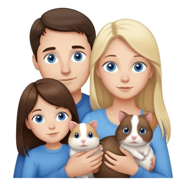 Family portrait with father with dark brown hair and blue eyes, mother with light brown hair and blue eyes, three blonde little girls with blue eyes, plus a cat and two guinea pigs sticker