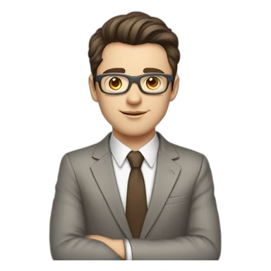 Pale skinned fit man with dark brown hair in gray jacket, beige office shirt, brown tie, brown pants and vintage glasses Writing text on a marker board sticker
