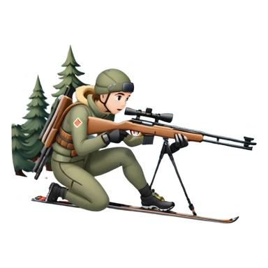 An icon showing a snowy landscape with pine trees, mountains, and a clear sky with a biathlete aiming a rifle in the foreground, wearing winter gear and skis. Transparent background emphasizes the precision, endurance, and beauty of this winter sport. sticker