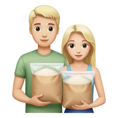 Blonde guy and blonde girl holding a plastic bag of white rice sticker