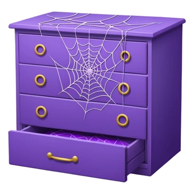 purple spider webs on an open drawer with dusted stuff sticker