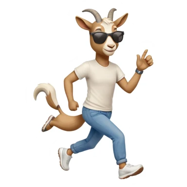 friendly anthropomorphised goat in jeans and a t-shirt, wearing dark sunglasses, jogging upright in relaxed pose sticker