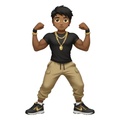 full side body view of muscular teen boy with veiny hands arms and biceps. has messy black hair with dark-tan skintone with black tshirt. has gold chain and nike shoes with baggy pants sticker