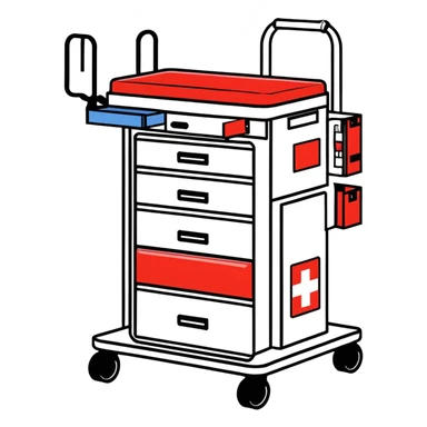 Singular Red medical crash cart is a mobile, multi-drawer unit designed to store and organize emergency medical supplies and equipment and a cardiac defibrillator on top sticker