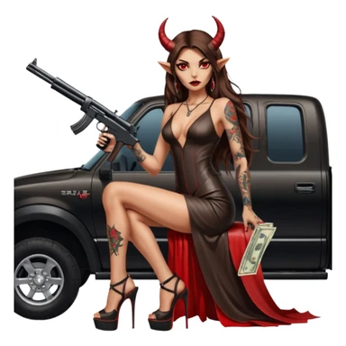 Lilith model red eye sexy black  devil horns.  long brown haired sexy succubus woman with leather long dress slit, sitting in Big Large F350 pickup truck. Black Platform high heels on feet. Tattoo sleeve arms, dead human skull of her ex skull is on top of stack of cash and a gun in  hand sticker