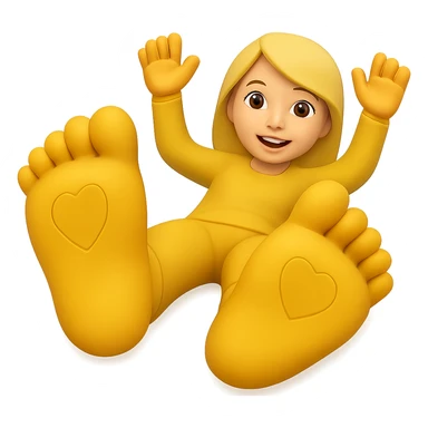 Make the emoji's feet much bigger, lying down with feet visible. Remove the background. The emoji style should be preserved as in the original image. sticker