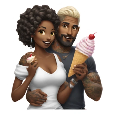 Hyper Realistic beautiful woman in the arms of a very handsome tattooed man sharing ice cream  sticker