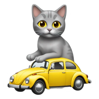 Grey cat sitting on yellow volkswagen beetle sticker