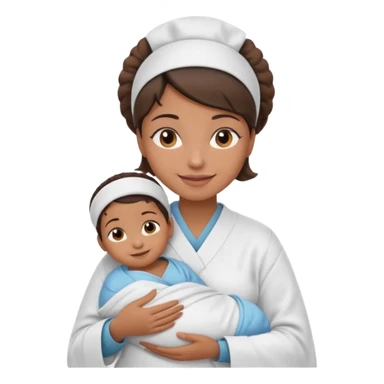 Female nurse smiling with a small hair roll on top of head with medium brown skin and brown eyes holding one new born  sticker