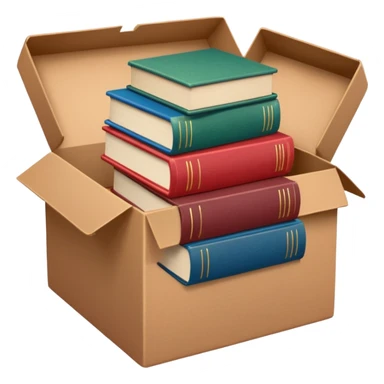 
An open brown cardboard box with softly rounded edges, filled with a small stack of colorful hardcover books (muted red, blue, and green). sticker