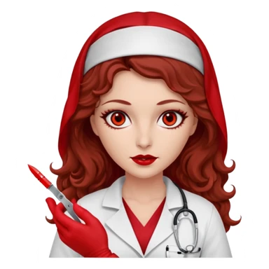 Lilith scalpel in hand, evil surgeon sexy surgeon clothes.  She has red eyes. She brown long curly hair. Wears sexy doctor outfit with red gloves. Wears red burka to hide her identity sticker