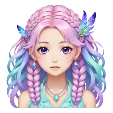 Beautiful gorgeous anime lady with beautiful iridescent-nebula-braided-hair, fashion aesthetic, ethereal, fairycore, pastelcore, feathers sticker
