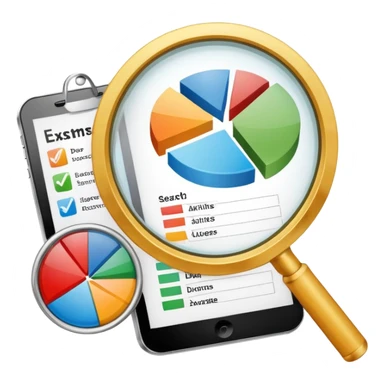 Checking and auditing estimate documents with search icon and infographic chart sticker