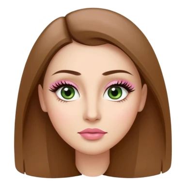 Adult woman avatar, light skin tone, oval face, long straight brown hair, green almond-shaped eyes with dramatic eyelashes and minimal eyeliner, neutral mouth, medium straight eyebrows, small nose, natural pink lips, smooth skin with light natural blush sticker