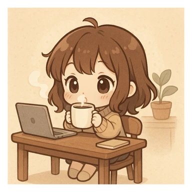 chibi girl sitting at her desk, sipping coffee, cute and cozy, chibi style sticker