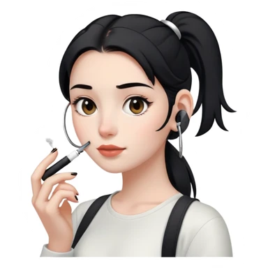 a girl with a black ponytail, white skin, brown eyes, airpods in the ears and with an electronic cigarette in the hand sticker