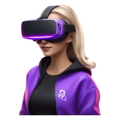 Russian girl wearing black hoody with violet letters "OMG", in vr headset oculus quest2. Dancing. Cyberpunk style. Violet neon. sticker