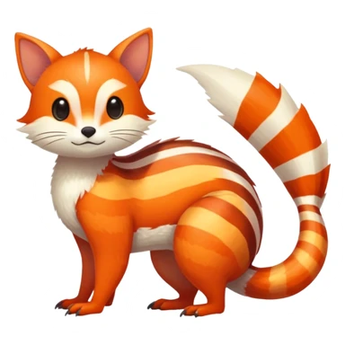 lush warm-colored Fakémon-Trico-creature (full body) with white cheek markings, white-striped tail sticker