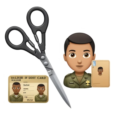 Floating black Scissors cutting an idf soldier ID card in 2 parts .hyper realistic sticker