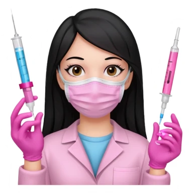 laboratorista con guantes rosa y mascarilla rosa  jeringa tubos  sin lentes pelo lacio negro y largo  sticker