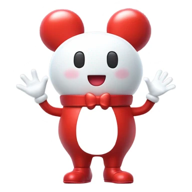Very shiny full body character with pill capsule head with puffy body and welcoming waving Mickey Mouse arms braun Japanese inspired Anpanman with big boots and antennae red and white colors only sticker