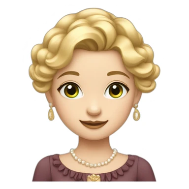 A cute girl with golden hair, soft features, green eyes, and fair skin. She smiles and wears a Coco Chanel dress. sticker