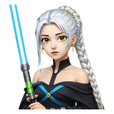  a closeup portrait of young woman with gold yellow eyes, white hair, long braid, black off-shoulder top, punk gothic style, futuristic cyberwave cyberpunk,  jedi attire and posture robes of a padawan, foreweilding a bright blue-green lightsaber sticker