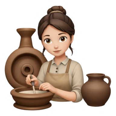 Brunette girl with a bun, behind the potter's wheel, wearing neutral clothing sticker
