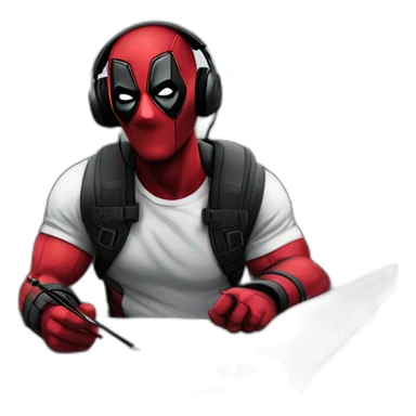Deadpool-listening to music with headphones- on a bridge and he is drawing sticker