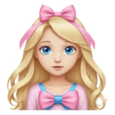 Young blonde girl, long hair, blue eyes, pink bow sticker
