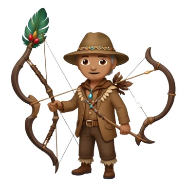 The classic image of a middle-aged uncle hunter carrying a bow, dressed in brown clothes, with some ornaments made of feathers, bones or teeth on his body. sticker