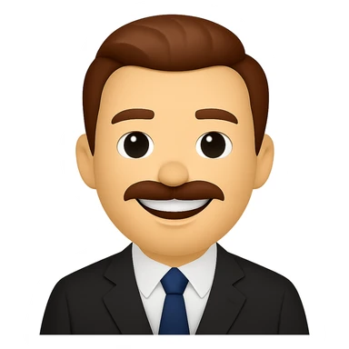 Make the Caucasian gentleman smile and add a mustache. Keep the slicked back brown hair, black suit, and navy tie. Maintain the same emoji style. Transparent background. sticker