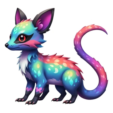 Rare neon iridescent white exotic cute epic aesthetic gothic colorful Salandit-Eevee-Civet-species-Fakemon-hybrid-creature, with intricate tattoo markings, full body sticker