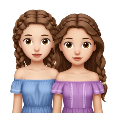 Two girls. The first one is very tall, has mid length brown very wavy hair, full lips, hazel eyes, wearing a cute off shoulder summer dress, she is also thin. The other one, quite shorter, long brown straight hair in one braid, hazel eyes. She is athletic a little bit.  sticker