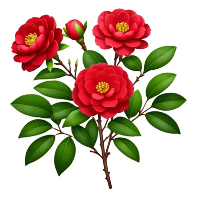 bouquet Red Camellia, luxuriant, stem, leaf, bud sticker