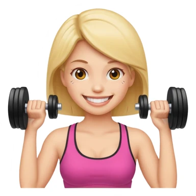 woman holding dumbbell in one hand and face roller in another, smiling, emoji style sticker