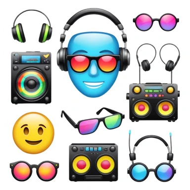 Create a unique emoji pack inspired by electronic music culture. Include emojis representing various subgenres like techno, house, drum and bass, trance, rave fashion sticker
