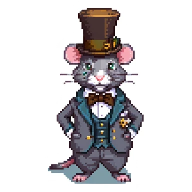 fancy rat with a smug smirk, wearing a top hat, monocle, and suit, pixel art style sticker
