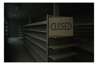 an abandoned supermarket, dusty and grey, with a large cardboard sign that says 'closed', somber mood sticker