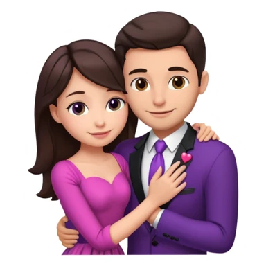 Brunette girl, with an engagement ring on her finger hugging a handsome man, (her boyfriend) both of them happy, she’s wearing a pink dress, he is wearing a black suit, he’s also a rich businessman, and there is the 💜 purple heart emoji on top. They look in love with each other.  sticker