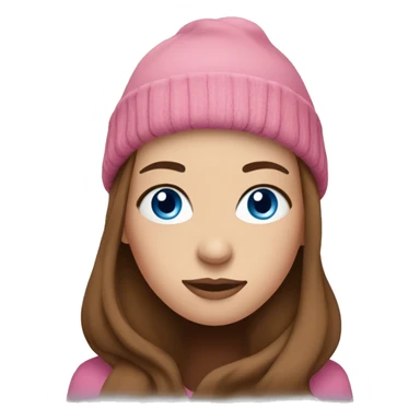 woman with blue eyes, long brown hair, and pink beanie sticker