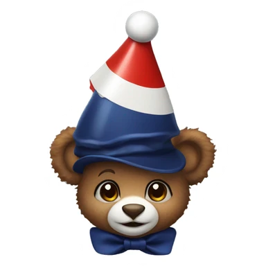 Brown baby bear. Wearing jester collar and a clown hat. The clown accessories are Navy and red and white. sticker
