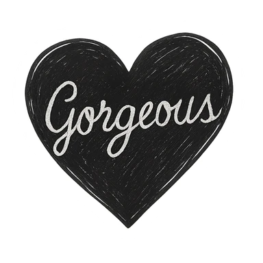 the word 'Gorgeous' in elegant white cursive on a black heart, hand-drawn style, high contrast sticker