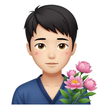 Gorgeous bright sparkly romantic Asian anime style guy with blushing face and flowers aesthetic trending style outside sticker