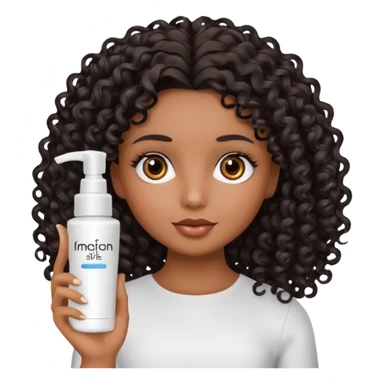 Uma boneca morena com olhos castanhos e cabelo cacheado longo preto, com creme de pentear na mão da Salon line sticker